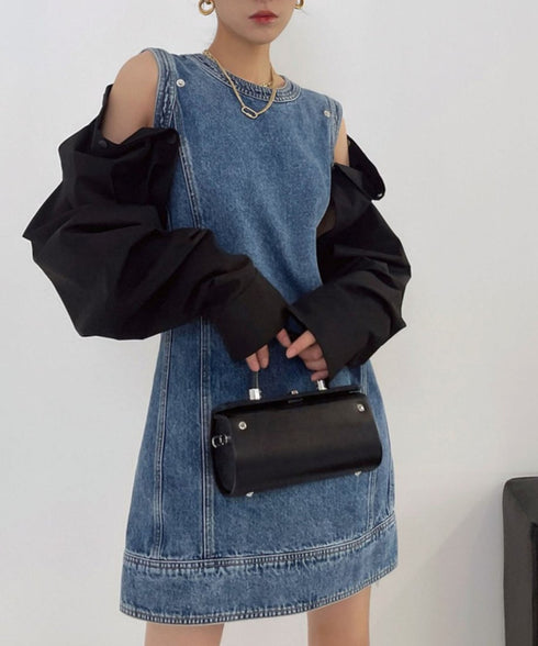 Detachable Sleeve Denim Mini Dress